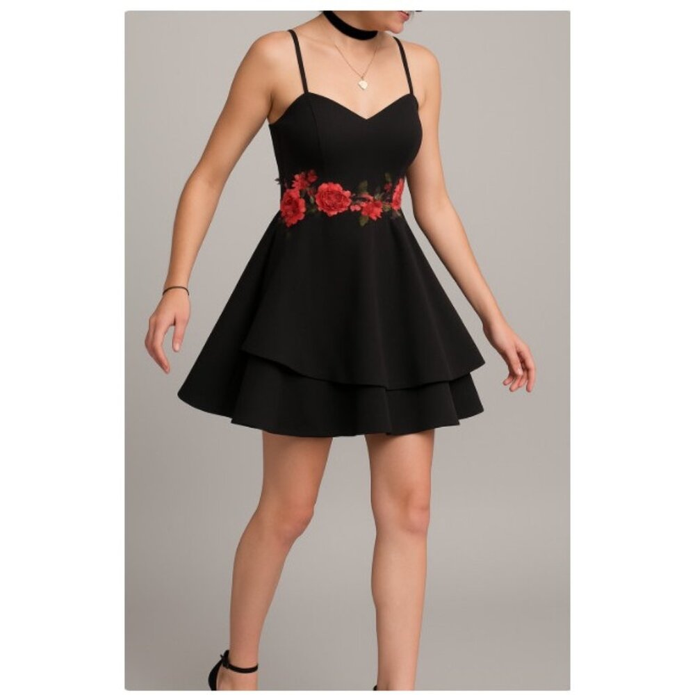 B Smart Black Skater Rose Embroider Mini Party Dress Sz 1 Juniors Y2K Goth‎ Glam